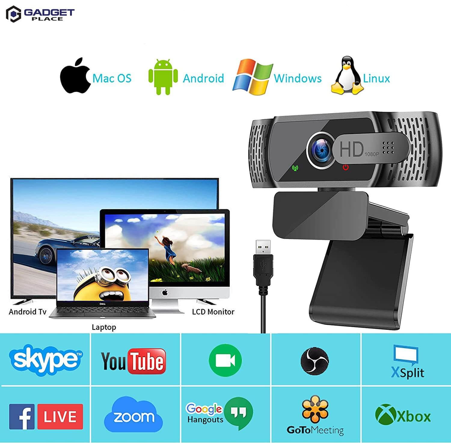 Gadgetplace Full HD 1080P Webbkamera – Plug & Play, Inbyggd Brusreducerande Mikrofon, 90° Vidvinkel