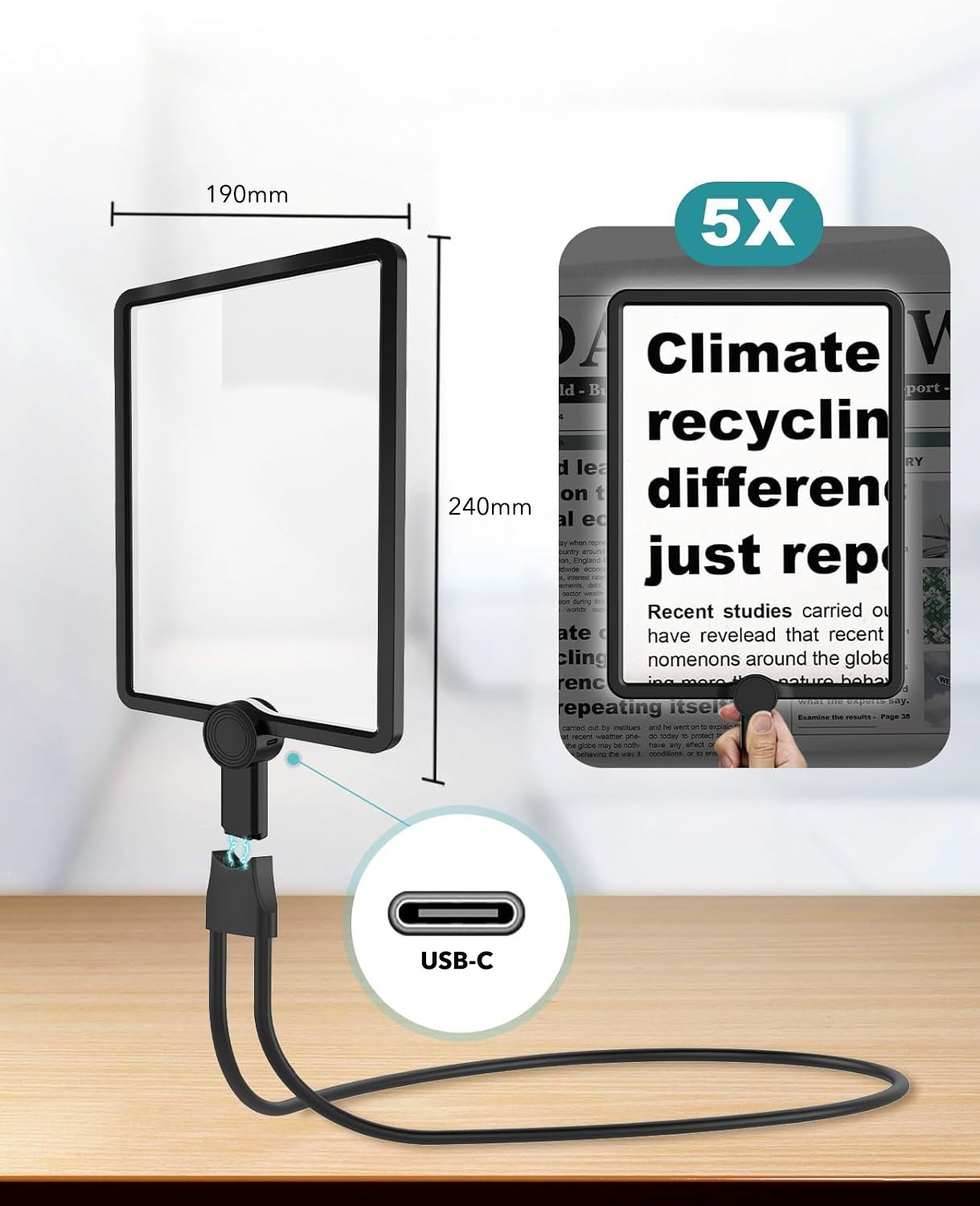 Handsfree Förstoringsglas med LED-ljus – 5X Förstoring, Flexibel Hållare & USB-Uppladdningsbar