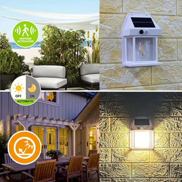 Solvägglampa med Rörelsesensor – Energisnål, Vattentålig, Superljusstark, Smart Belysning för Utomhusbruk (Vit/Svart)